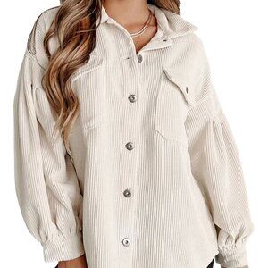 Neutral Beige Corduroy Shacket Dropped Shoulder Balloon Sleeves Size L